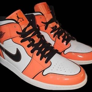 Air Jordan 1 Mid SE Turf Orange/Black/White Patent Leather Men's Size 10.5